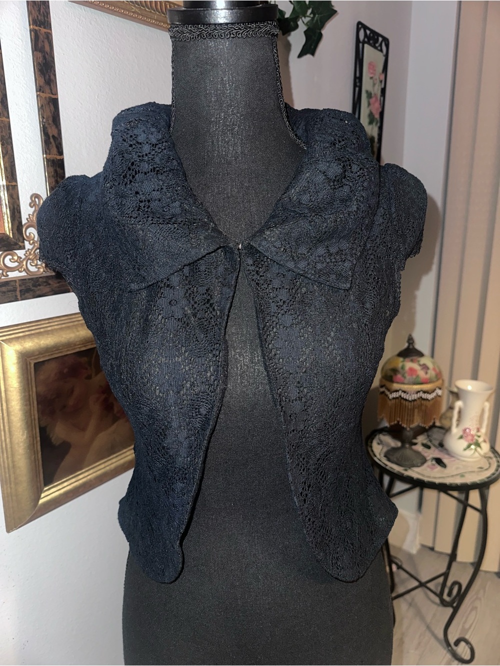 Vtg Y2K Bou Jou Loud Black Floral Lace Cap Sleeve Bolero Open Front Jacket S
